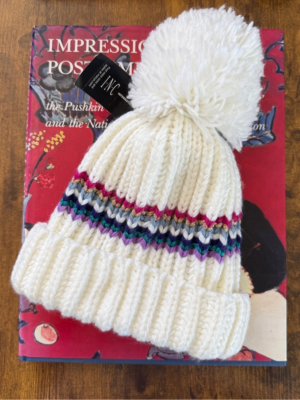 INC International Concepts White Knit Large Pom Pom Beanie Multicolor Stripe